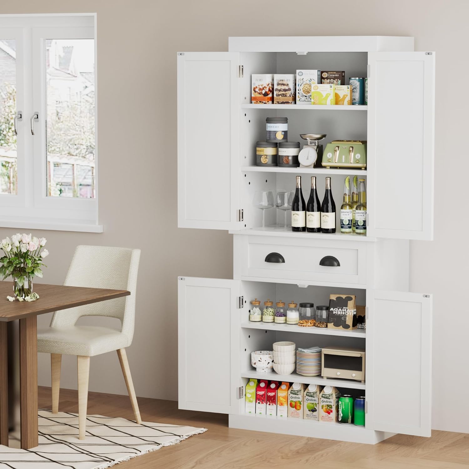Flamaker 72" Kitchen Pantry Cabinet, Tall Pantry Storage Cabinet with Drawer and 4 Adjustable Shelves, Freestanding Pantry Cupboard Cabinet for Kitchen, Dining Room and Living Room (White)