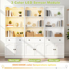 Cyclysio 80" Tall Pantry Cabinet with Motion Sensor LED Lights, Kitchen Storage Cabinet for Coffee Bar and Dining Room, Tall Bookshelf with 3.15" Baseboard Cutout, Drawer and Cupboard, White
