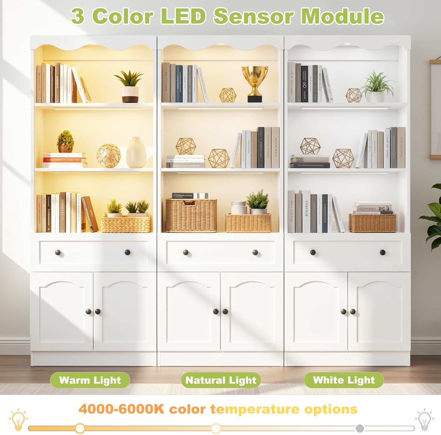 Cyclysio 80" Tall Pantry Cabinet with Motion Sensor LED Lights, Kitchen Storage Cabinet for Coffee Bar and Dining Room, Tall Bookshelf with 3.15" Baseboard Cutout, Drawer and Cupboard, White