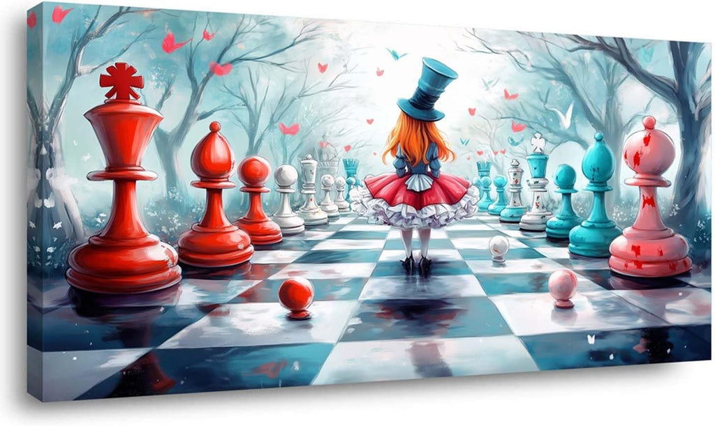 ZESTRILIA Alice in Wonderland Chess Canvas Wall Art, Fantasy Surrealist Whimsical Fairy Tale Decor for Living Room, Girls Bedroom Family Room (40x20 Inches)