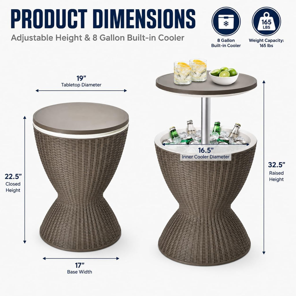 Byroce Outdoor Cooler Table, Patio Cooler Side Table with 8 Gallon Built-in Cooler, Adjustable Height Rattan Bar Table for Pool, Hot Tub, Backyard and Parties