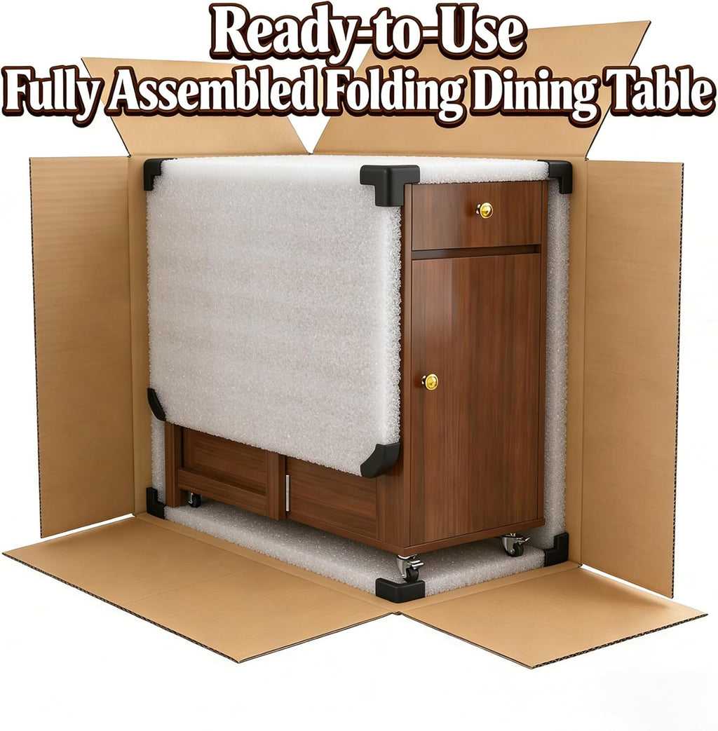Folding Drop Leaf Dining Room Table 4-6 Seater with Storage and Lockable Wheels, 51" Fully Assembled Solid Wood Space-Saving Foldable Kitchen Table (Walnut)