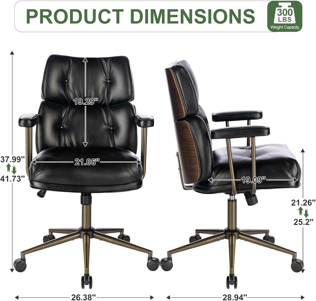 Mid-Century Modern Ergonomic Office Chair,Mid Back Faux Leather Executive Desk Chair with Walnut Bentwood,Tufted Adjustable Swivel Computer Chair for Home Office,Black