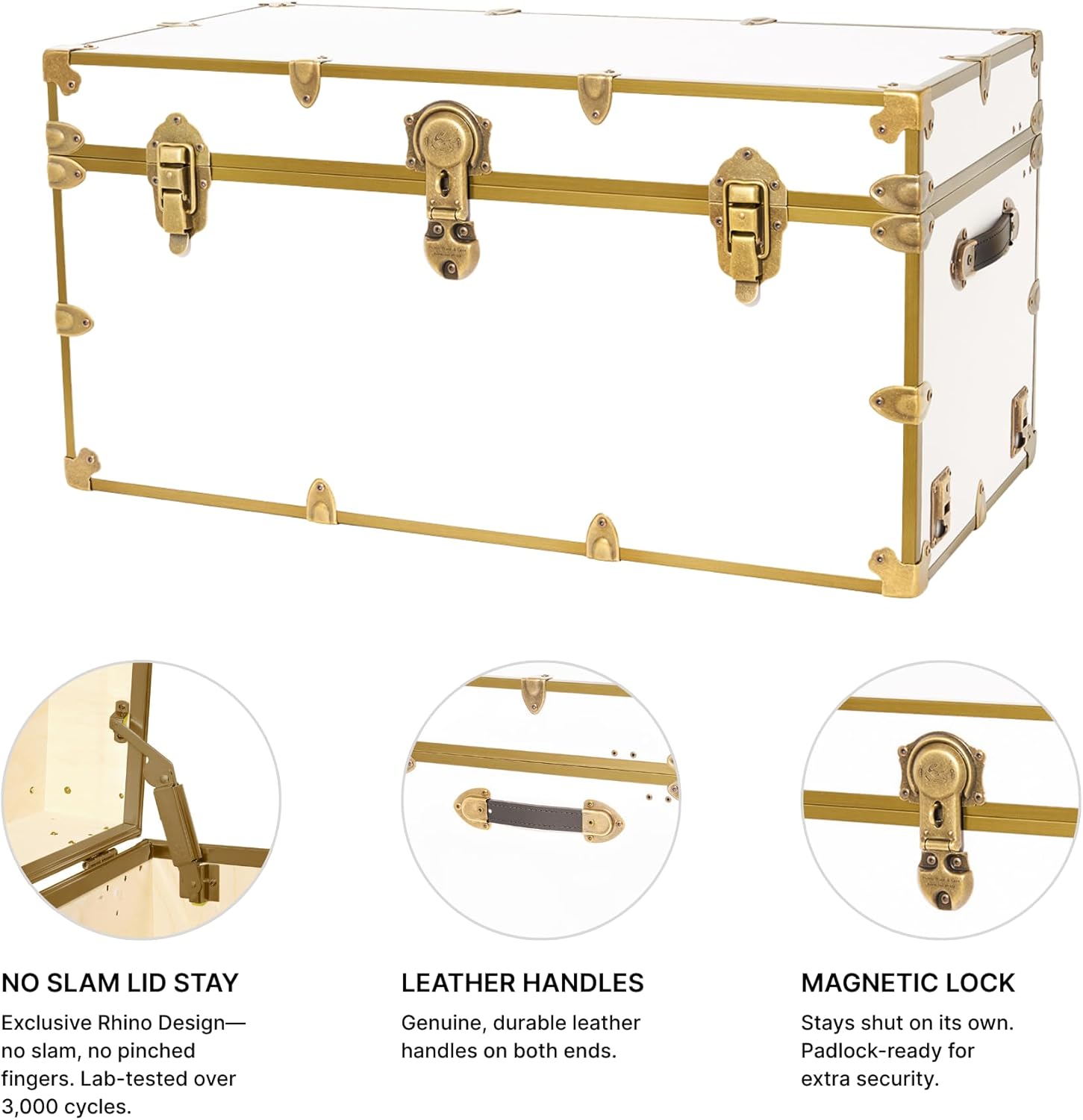 Rhino Trunk & Case Classic XXL College Trunk with Antique Brass Hardware, Soft Close - 36”x18”x18”, Seats 1500+ lbs, USA Made Secure Dorm Footlocker, Home Storage, Steamer Style Blanket Chest
