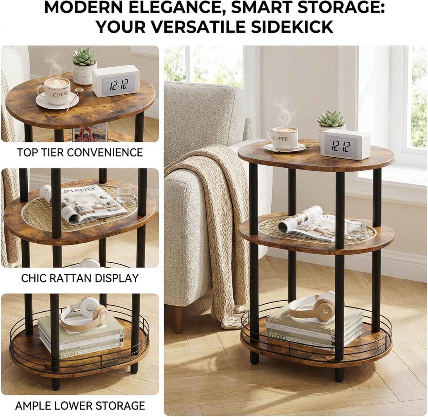Small Rattan Side Table with Storage, 3 Tier Round/Oval End Table with Rattan Shelf, Boho Nightstand, Tool Free Assembly/Screw-Hole Free Tabletop-Living Room Bedroom-Brown