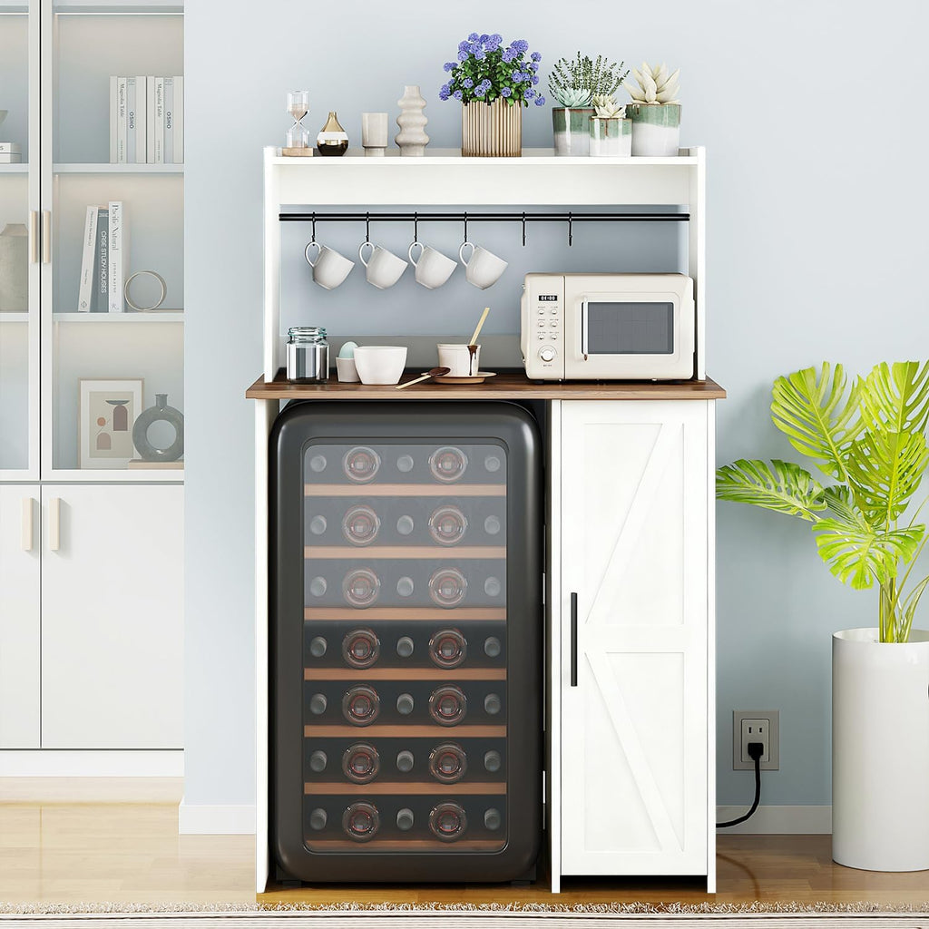Mini Fridge Stand Coffee Bar Cabinet,Freestadning Coffee Stand Station Bakers Rack with Mini Fridge Space & Power Outlet,for Kitchen Dining Room Living Room,White