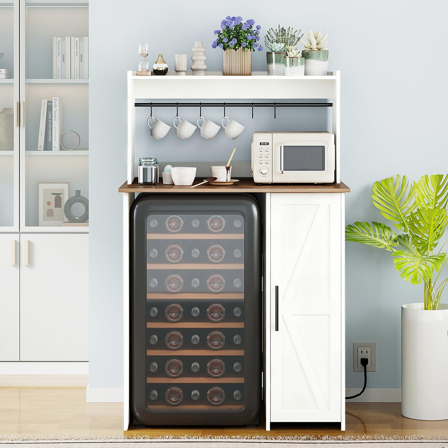 Mini Fridge Stand Coffee Bar Cabinet,Freestadning Coffee Stand Station Bakers Rack with Mini Fridge Space & Power Outlet,for Kitchen Dining Room Living Room,White