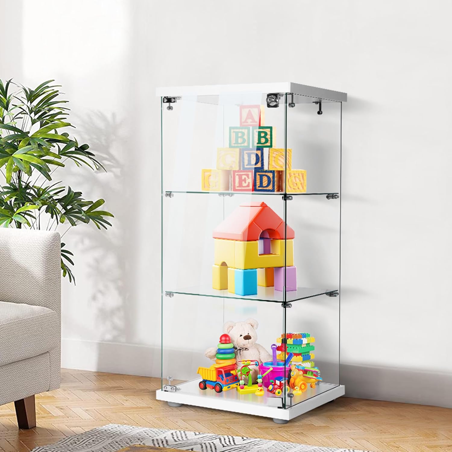 VIVOHOME 3 Layers 16''W x 16''D x 33''H Glass Display Cabinet Showcase Countertop with Lock, 4mm Tempered Glass 25mm MDF Base