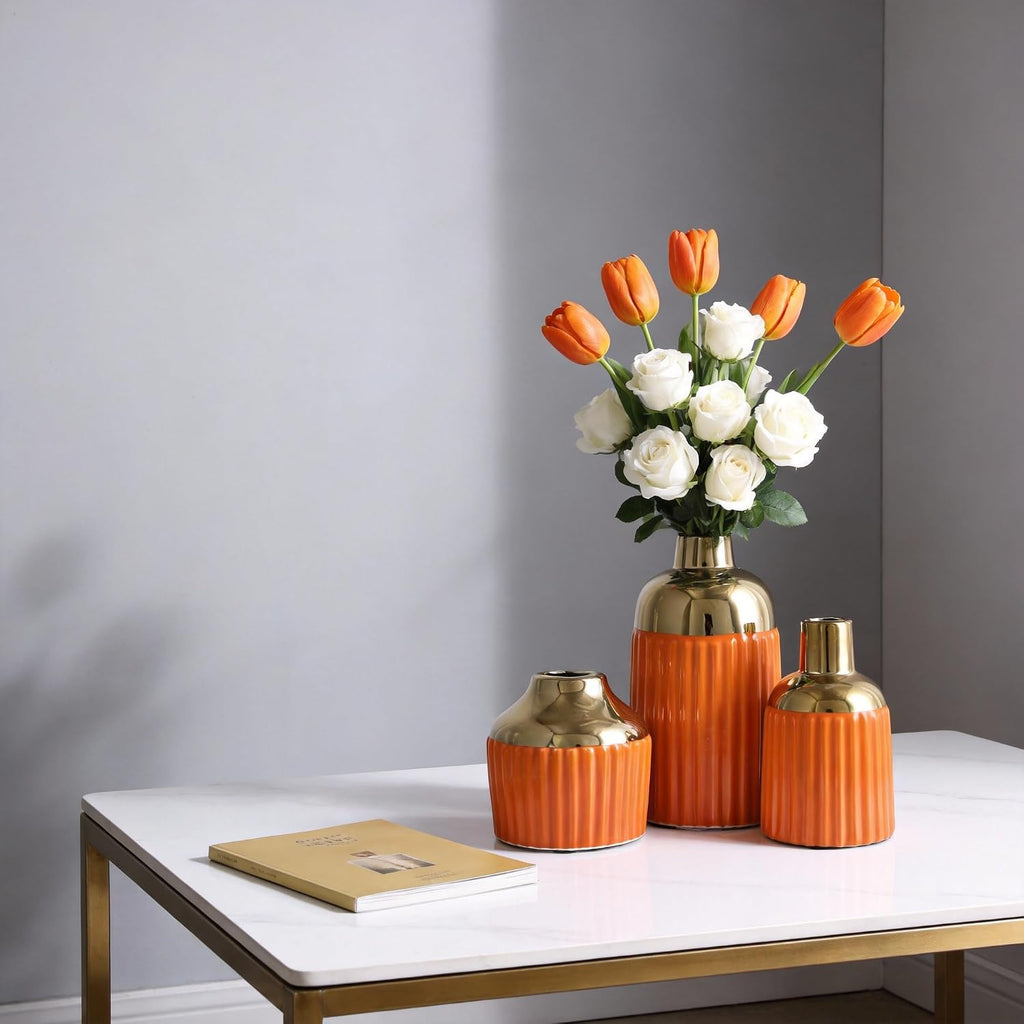 Orange Gold Ceramic Vase 3-Piece Set, Modern Geometric Decorative Vases, Small Ceramic Vases for Home Decor, Suitable for Dining Table, Shelf, Entryway Table, Fireplace, and Foyer Table Decor.