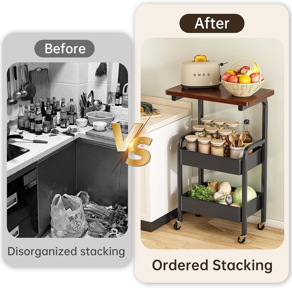 3 Tier Metal Rolling Utility Cart Organizer with Walnut Table Top, Stable and Sturdy Rolling Storage Carts with 2 Lockable Wheels for Kitchen，Bathroom，Snacks，Coffee，Craft，Makeup，Baby Essentials