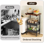 3 Tier Metal Rolling Utility Cart Organizer with Walnut Table Top, Stable and Sturdy Rolling Storage Carts with 2 Lockable Wheels for Kitchen，Bathroom，Snacks，Coffee，Craft，Makeup，Baby Essentials