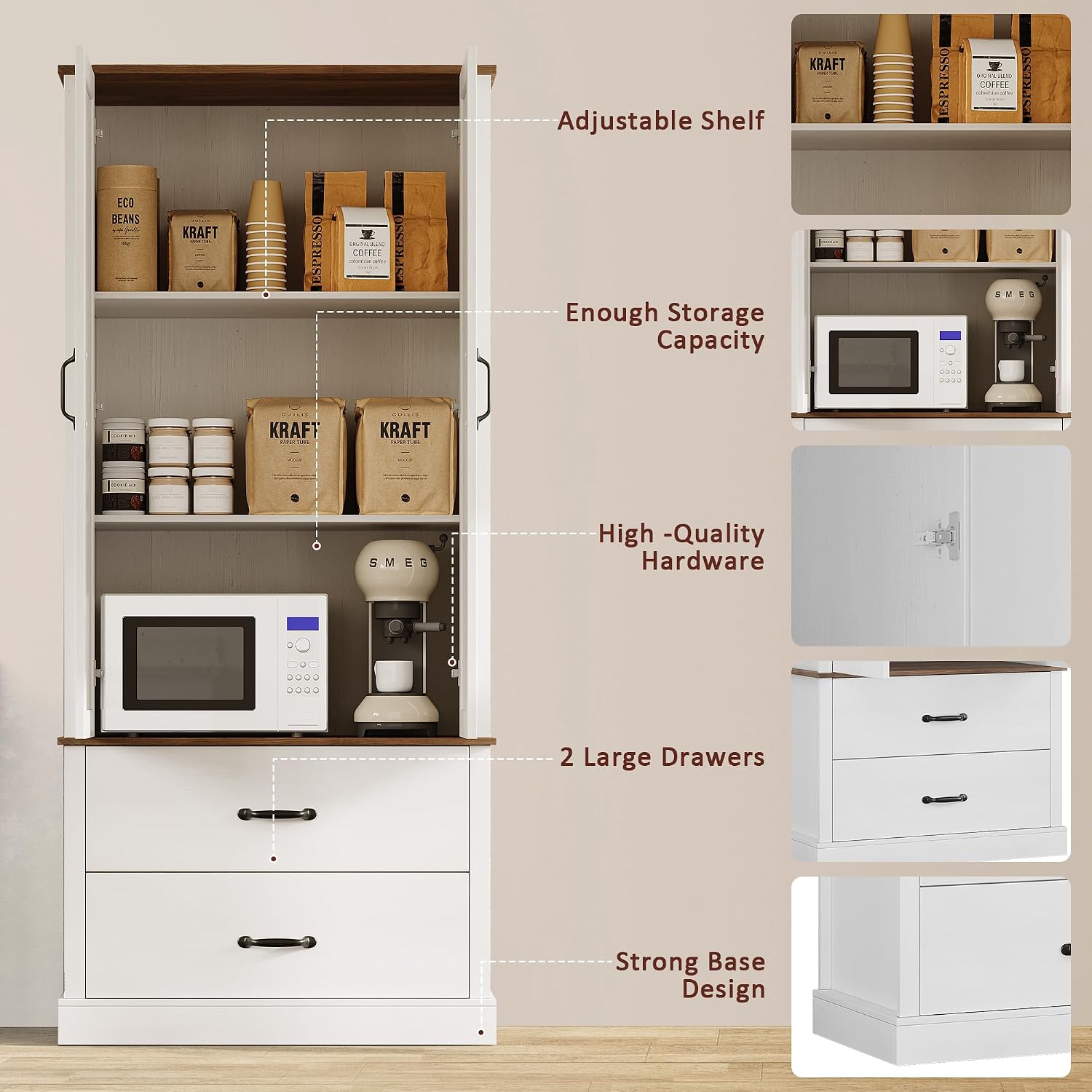 White Kitchen Pantry Cabinet with 2 Drawers, Farmhouse Tall Storage Cabinet, Wood Food Pantry with Barn Doors and Adjustable Shelves Versatile Storage Freestanding Cupboard for Kitchen
