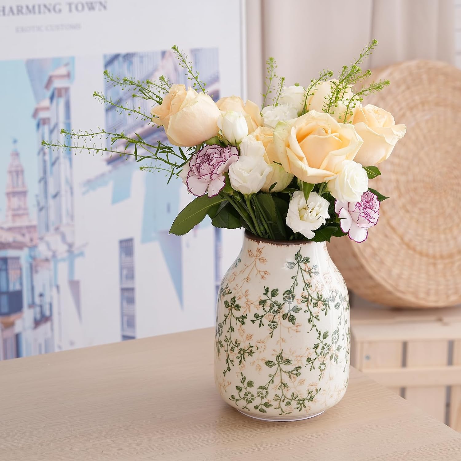 7.8Inch Green and Beige Vintage Vase, Chinoiserie Floral Vase, Rustic Ceramic Large Vases for Home Decors, Living Room, Bookshelf, Office, Grand Millennial Decor, Chinoiserie Decors, Tuscan Decor