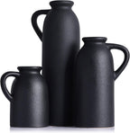 Black Ceramic Vase Set - 3 Small Matte Black Jug Vases, Farmhouse Country Flower Vase Home Decor, Living Room Decoration, Table Decoration, Fireplace Decor, and Entrance Decorations Centerpieces