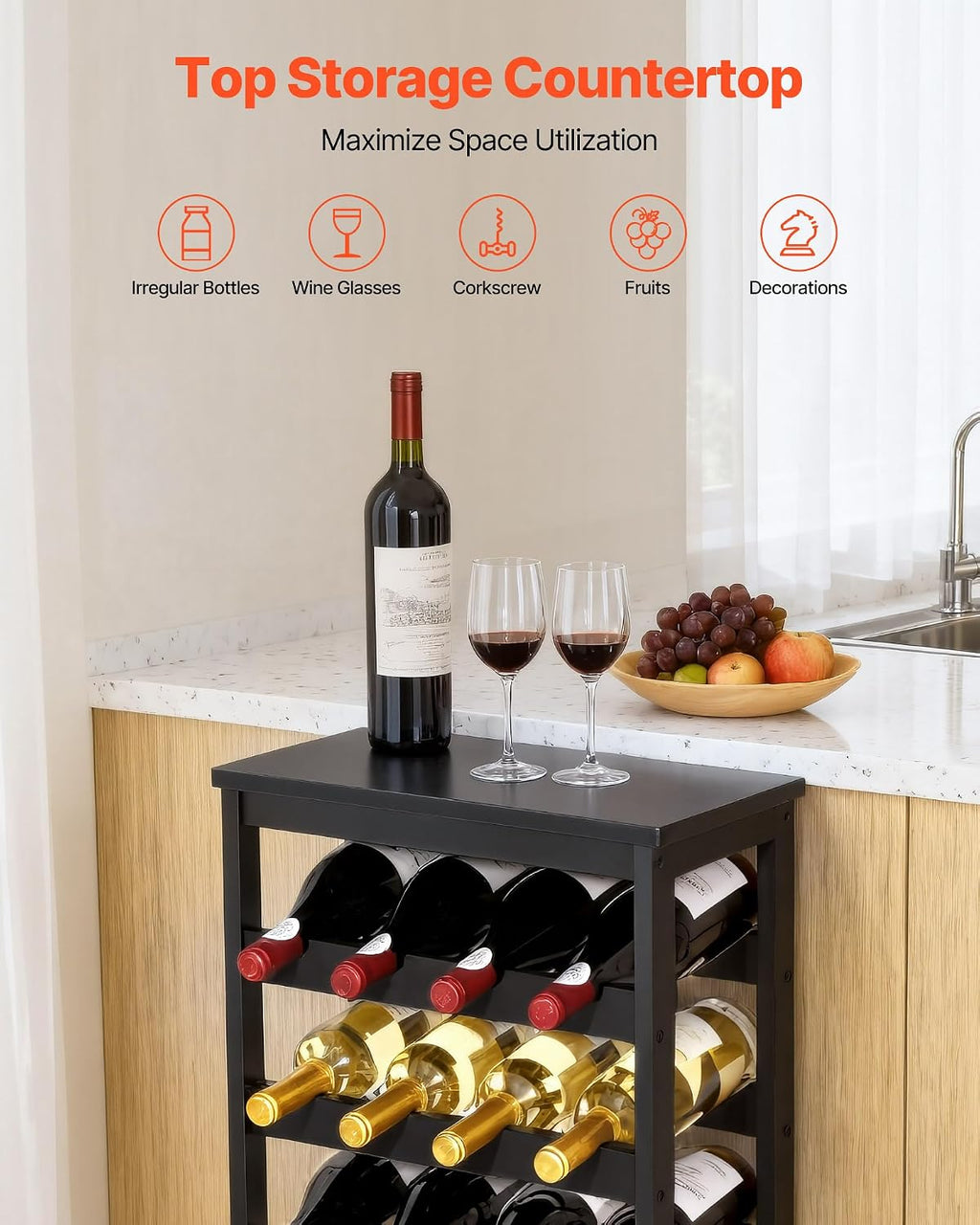 VEVOR 24 Bottle Detachable Wine Rack, 6-Tier Wine Bottle Holder,Solid Bamboo Wood Freestanding Floor Display Wine Storage Shelves with Table Top, for Kitchen,Cellar,Bar,Dining Room,Living Room(Black)