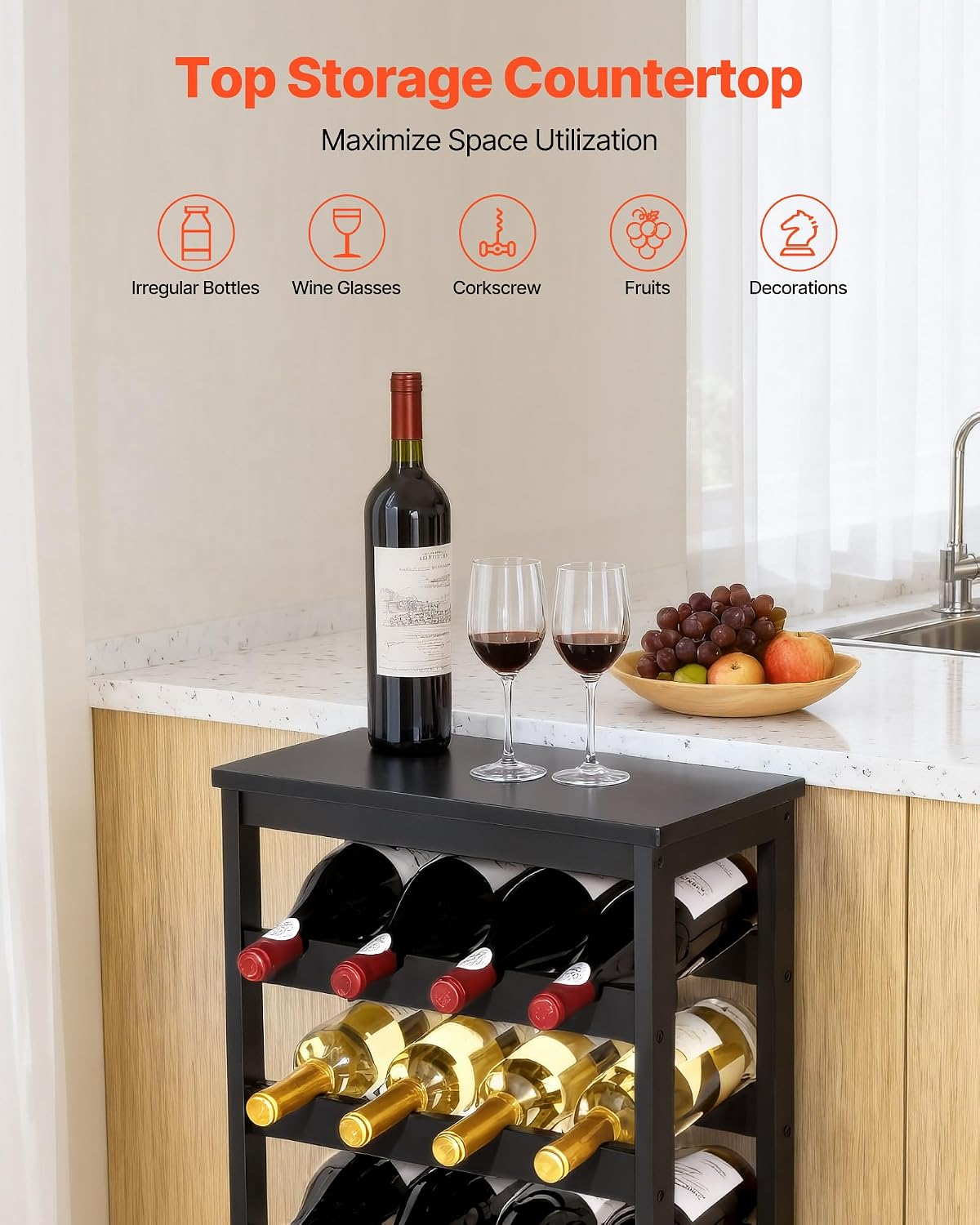 VEVOR 24 Bottle Detachable Wine Rack, 6-Tier Wine Bottle Holder,Solid Bamboo Wood Freestanding Floor Display Wine Storage Shelves with Table Top, for Kitchen,Cellar,Bar,Dining Room,Living Room(Black)