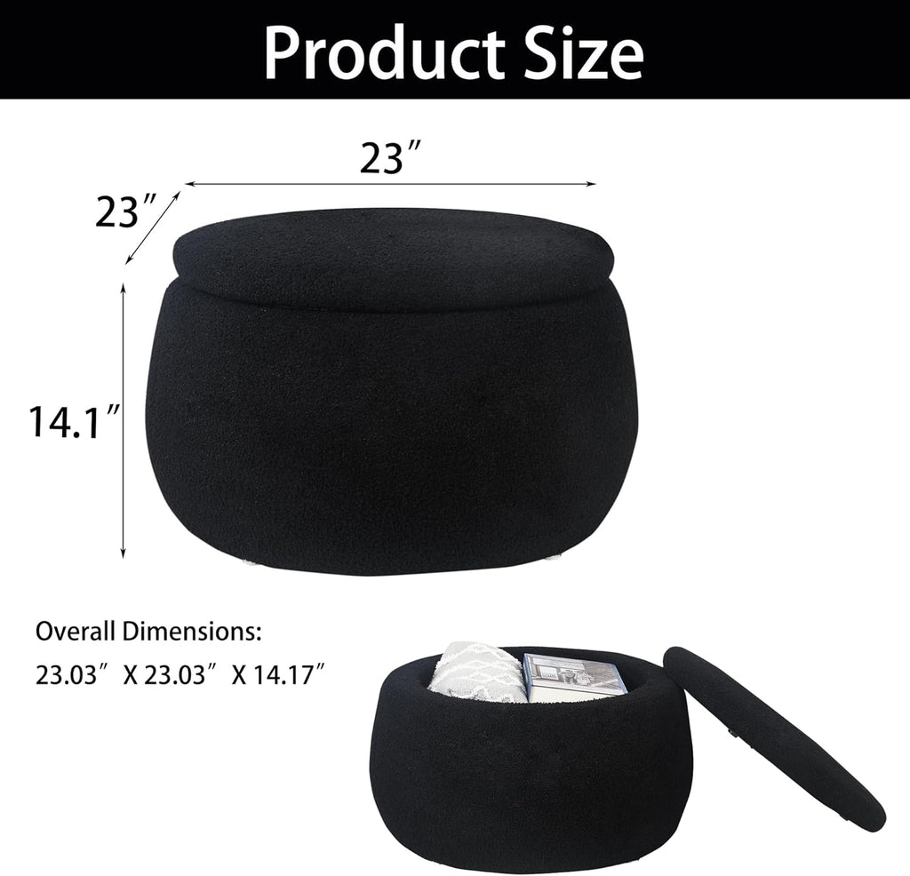 Homebeez 23" Round Storage Ottoman with Removable Lid, Faux Fur Footrest Stool - Modern Teddy Velvet Upholstered Coffee Table for Living Room, Bedroom, Entryway, Black