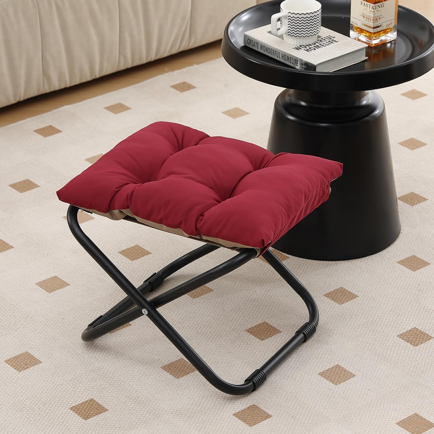 LITA Folding Footrest Stool, Portable Ottoman Foot Rest, Upholstered Small Foldable Ottoman Stool with Detachable Thick Cotton Cushion Padded Sofa Stool for Living Room, Bedroom, Burgundy