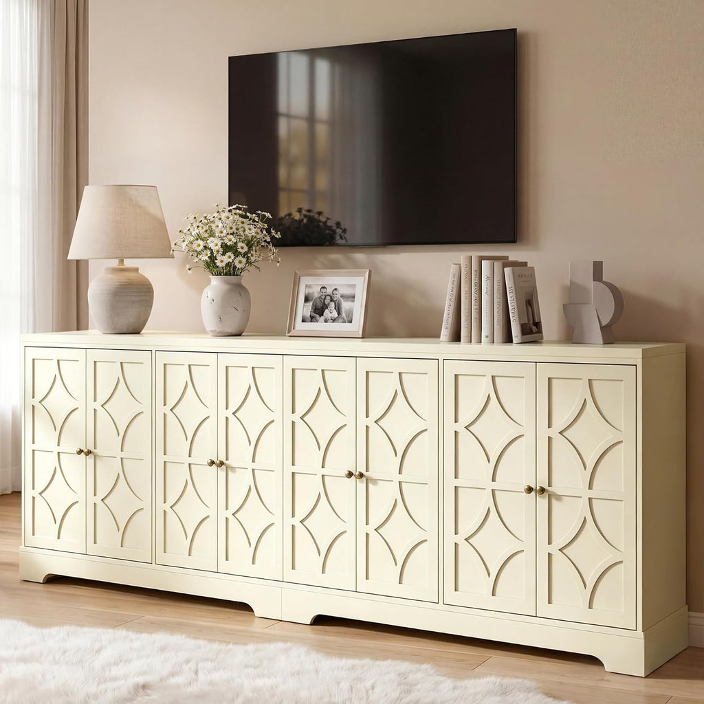 RoyalCraft Sideboard Buffet Cabinet with Storage, 56" Modern Sideboard with 4 Carved Doors, Large Wood Coffee Bar Console Table for Kitchen, Dining Room, Entryway, Living Room, Beige