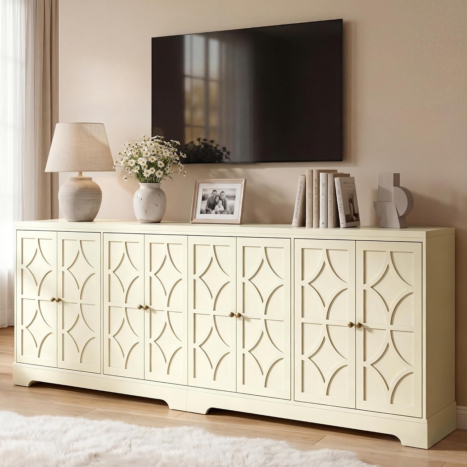 RoyalCraft Sideboard Buffet Cabinet with Storage, 56" Modern Sideboard with 4 Carved Doors, Large Wood Coffee Bar Console Table for Kitchen, Dining Room, Entryway, Living Room, Beige