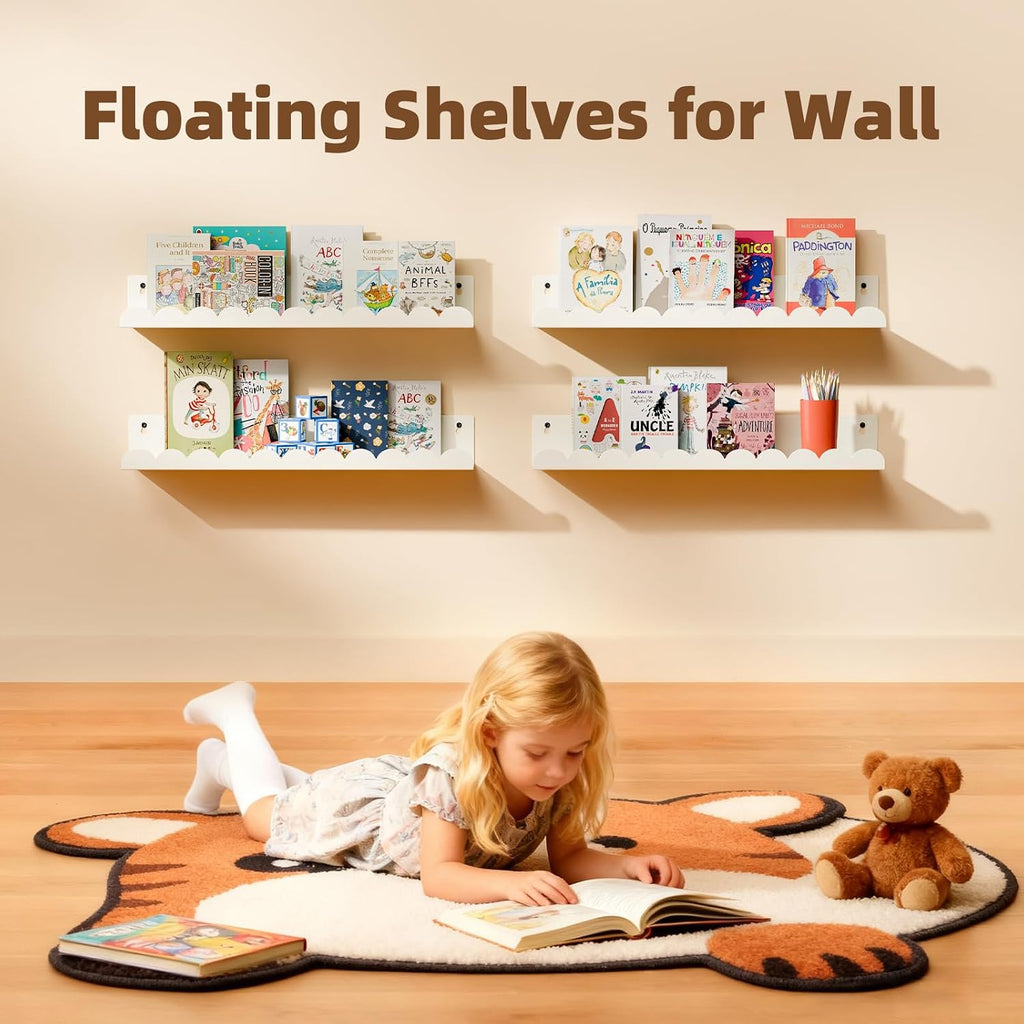 Nursery Book Shelves,Kids Bookshelf and Toy Storage,17 Inch Metal Floating Shelves Set of 4,Wall Shelves for Bedroom, Kids Room,Bathroom,Kitchen,Playroom Decor,Nursery Decor (White Metal, 17 inch)