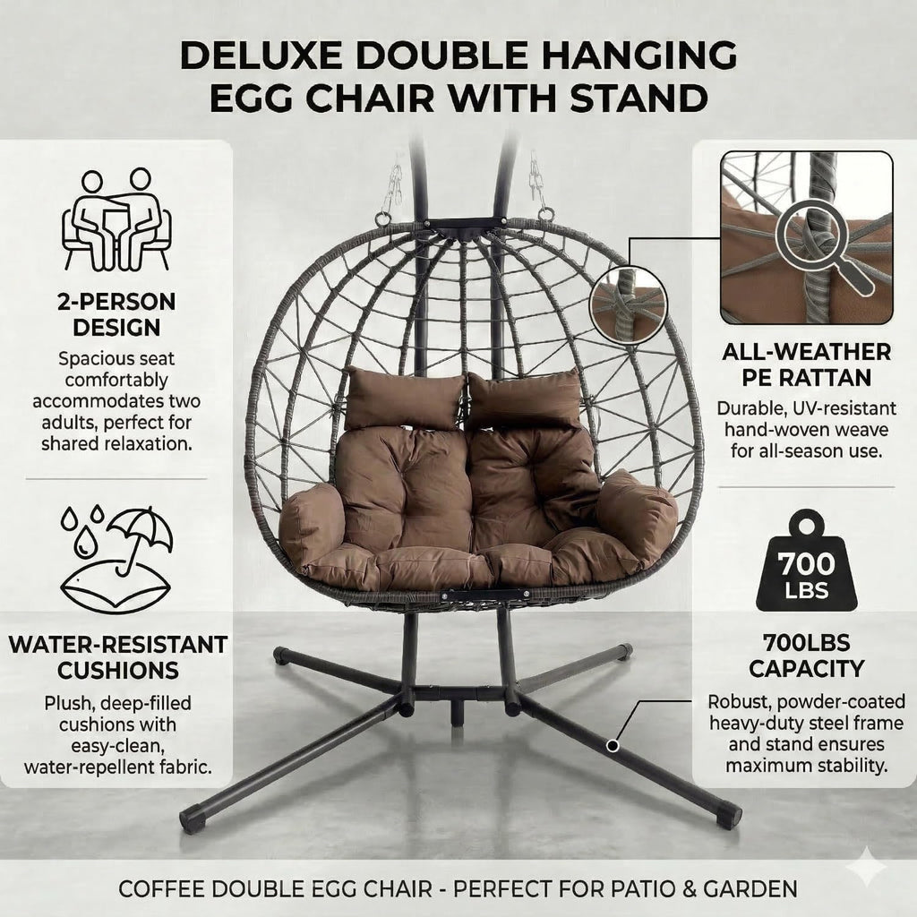 Wicker Double Hanging Egg Chair with Stasnd - Outdoor Porch Patio Swing Chair with Cushion for 2 Person, Rattan Hammock Chairs for Outside, Garden, Balcony (Brown)