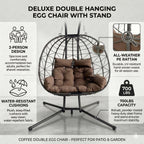 Wicker Double Hanging Egg Chair with Stasnd - Outdoor Porch Patio Swing Chair with Cushion for 2 Person, Rattan Hammock Chairs for Outside, Garden, Balcony (Brown)