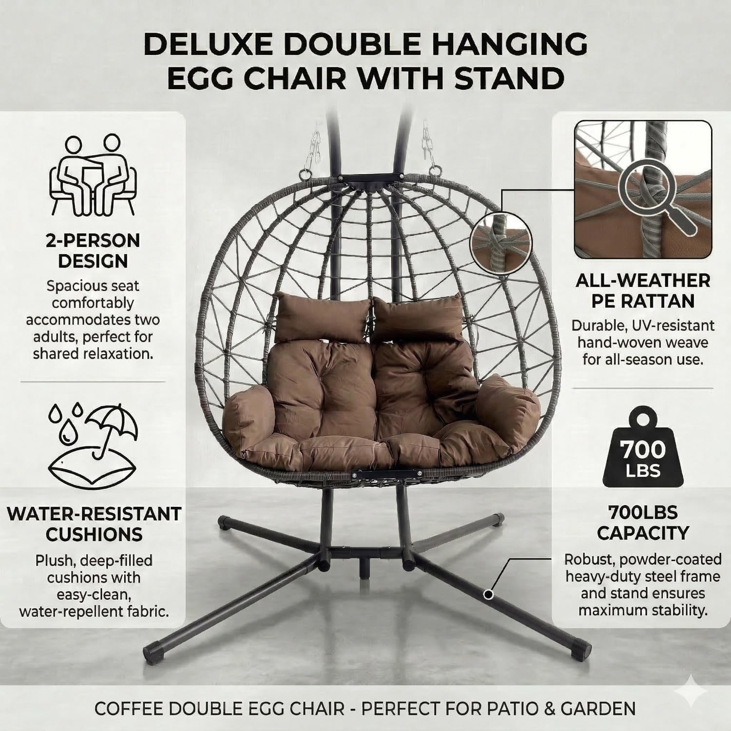 Wicker Double Hanging Egg Chair with Stasnd - Outdoor Porch Patio Swing Chair with Cushion for 2 Person, Rattan Hammock Chairs for Outside, Garden, Balcony (Brown)
