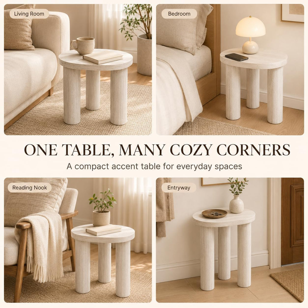 Small Round Side Table, Light Wood Grain End Table with 3 Cylindrical Legs, Modern Nightstand for Living Room, Bedroom, Sofa Side, Apartment