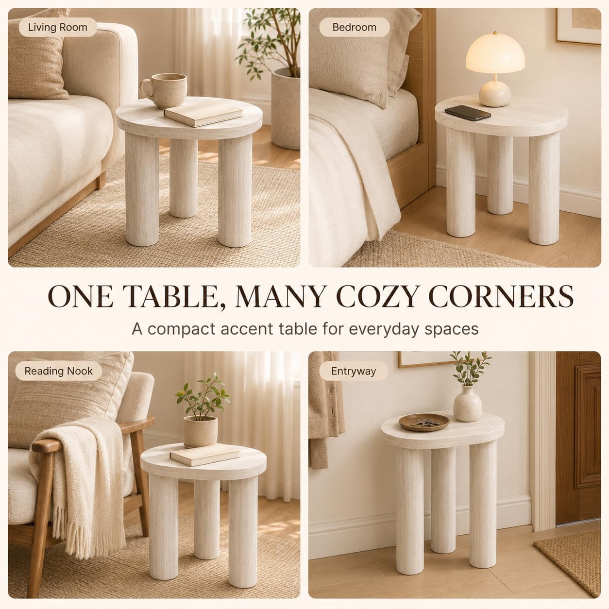 Small Round Side Table, Light Wood Grain End Table with 3 Cylindrical Legs, Modern Nightstand for Living Room, Bedroom, Sofa Side, Apartment