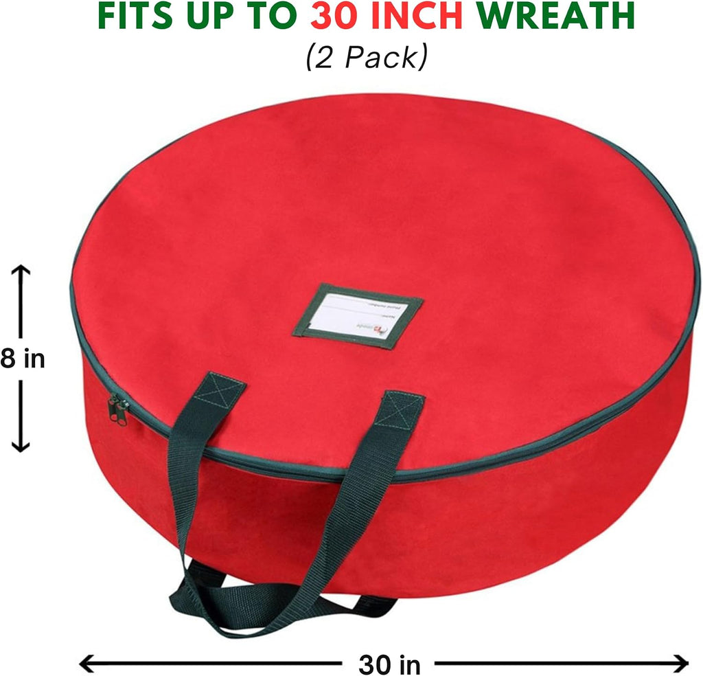 Christmas Wreath Storage Bag 30" - 2 Pack Artificial Wreath Container - Garland Holiday Xmas Wreaths Holder - Sturdy Handles - Card Slot Dual Zipper Strong 420D Oxford (30 Inch, Red)