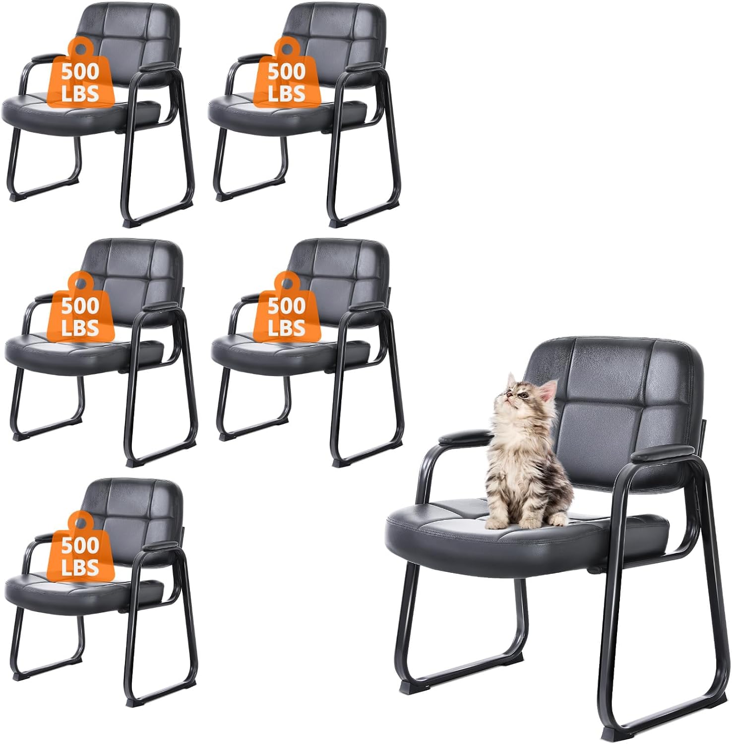 CLATINA Big Tall 400 lbs Waiting Room Chairs with Padded Arms Leather Guest Chair no Wheels for Office Reception Lobby and Conference Desk with Sled Base, Black, 6PK