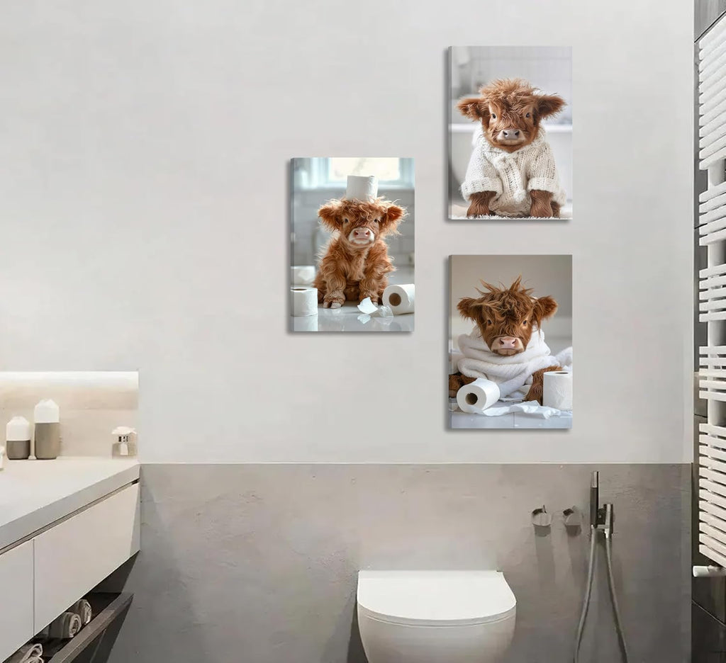 3Pcs Funny Highland Cow Bathroom Canvas Wall Art Brown Cute Animal Picture Wall Decor Cow Baby Rustic Farmhouse Poster Print Artwork for Children's Room Nursery Bathroom Restroom Home Decoration