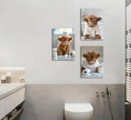 3Pcs Funny Highland Cow Bathroom Canvas Wall Art Brown Cute Animal Picture Wall Decor Cow Baby Rustic Farmhouse Poster Print Artwork for Children's Room Nursery Bathroom Restroom Home Decoration