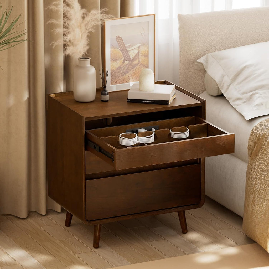 25.43" Nightstands Set of 2 with Leg Walnut Night Stand Set 2 for Bedrooms | Mid Century Modern Nightstands with Charger Station Wooden Bedside Table Set of 2 Night Stands for Bedrooms Set of 2