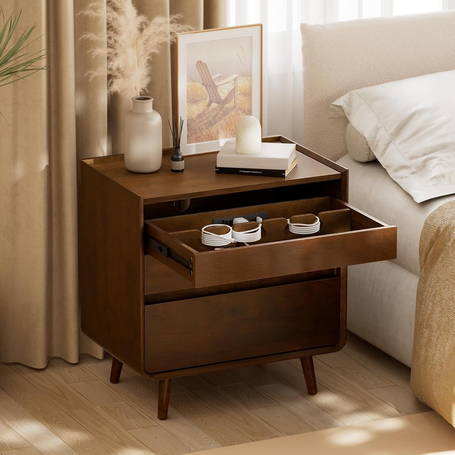 25.43" Nightstands Set of 2 with Leg Walnut Night Stand Set 2 for Bedrooms | Mid Century Modern Nightstands with Charger Station Wooden Bedside Table Set of 2 Night Stands for Bedrooms Set of 2