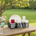 Utensil Caddy with Handle, Metal Paper Plate Holder for Kitchen Counter,Silverware Cutlery Caddy Organizer Flatware Storage for Plastic Spoon Fork Plates Napkins Cup Party Camping Black