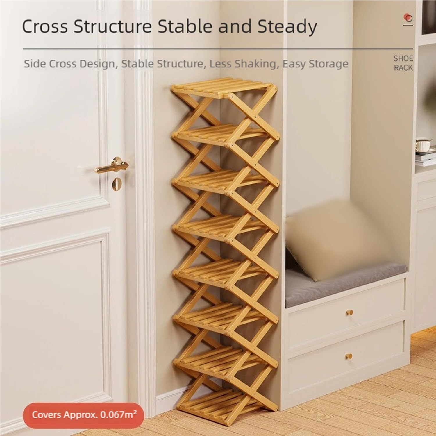 Foldable Shoe Rack, 1 Pack Multi Tier Bamboo Vertical Shoe Organizer Tall for Multifunctional Narrow Shoe Shelf, Space Saving Footwear Holder Unit for Entryway Closet Corner Hallway