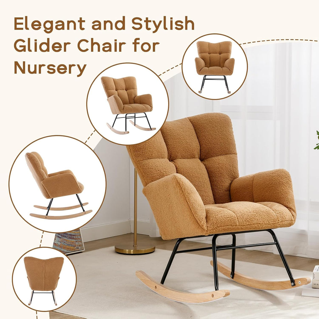 Modern Nursery Rocking Chair, Upholstered Glider Chair with High Backrest, Rocker Accent Armchair with Solid Wood Legs for Nursery Bedroom Living Room (Khaki Teddy)