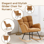 Modern Nursery Rocking Chair, Upholstered Glider Chair with High Backrest, Rocker Accent Armchair with Solid Wood Legs for Nursery Bedroom Living Room (Khaki Teddy)