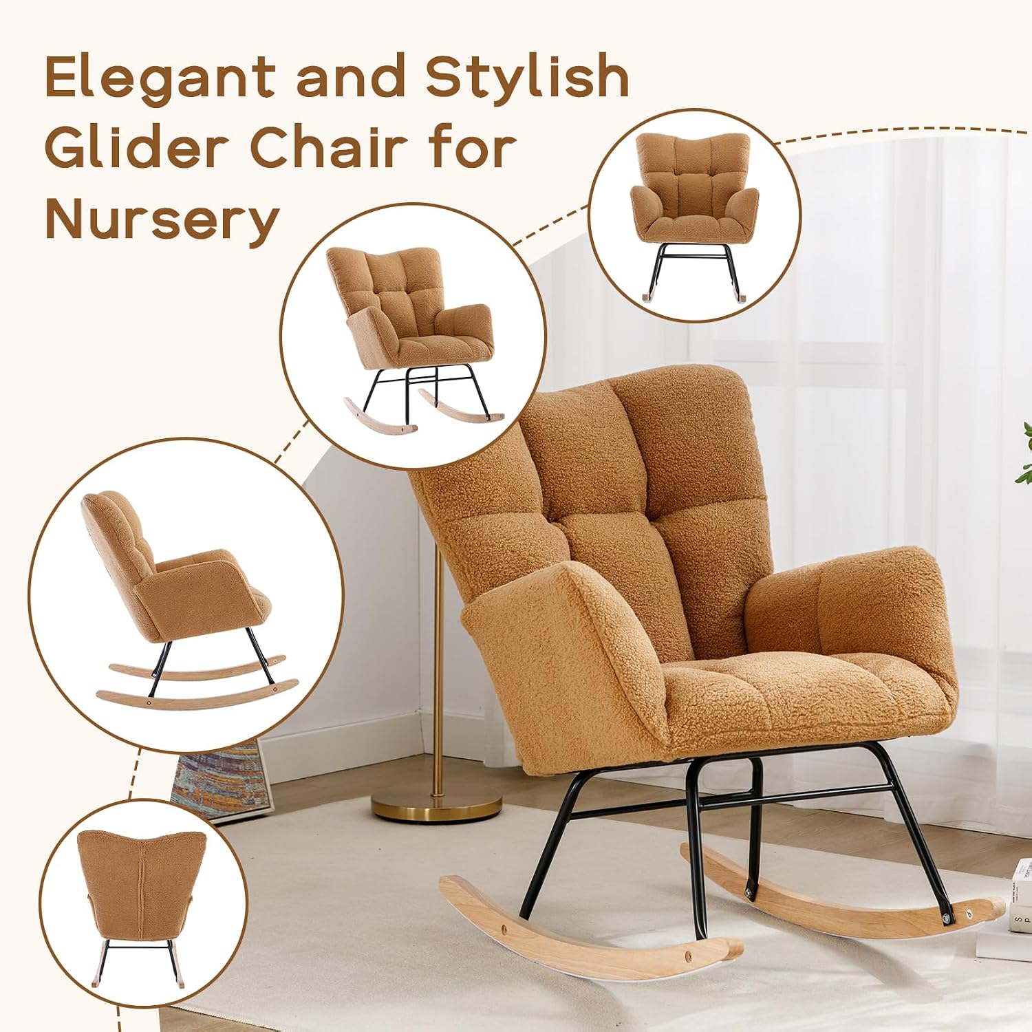 Modern Nursery Rocking Chair, Upholstered Glider Chair with High Backrest, Rocker Accent Armchair with Solid Wood Legs for Nursery Bedroom Living Room (Khaki Teddy)
