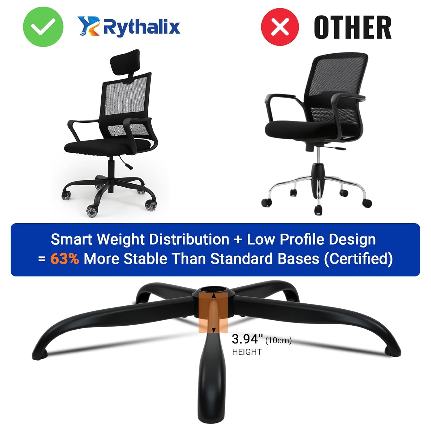 28" Heavy Duty Office Chair Base Replacement Parts for Most Office/Desk Chair - 2400 Lbs Capacity Matte Black Metal Chair Legs with Universal Casters Sockets