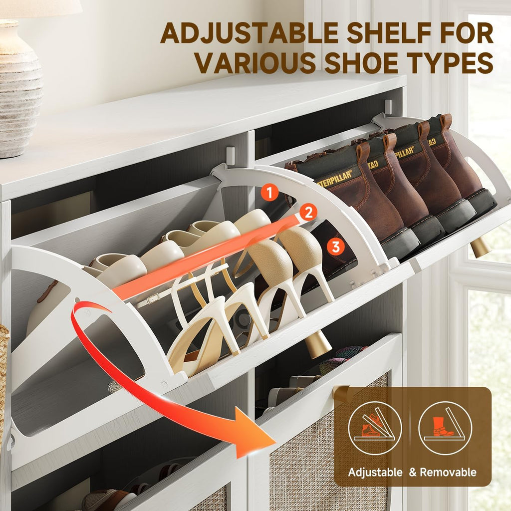Nicetree Shoe Storage Cabinet for Entryway, Rattan Vintage Flip Shoe Rack- 4 Flip Drawers & 3-Tier Adjustable Shelves,Boho Shoe Organizer for 28-36 Pairs - Fits Size 12 Boots, 9.5" Ultra Slim (White)