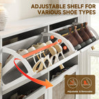 Nicetree Shoe Storage Cabinet for Entryway, Rattan Vintage Flip Shoe Rack- 4 Flip Drawers & 3-Tier Adjustable Shelves,Boho Shoe Organizer for 28-36 Pairs - Fits Size 12 Boots, 9.5" Ultra Slim (White)