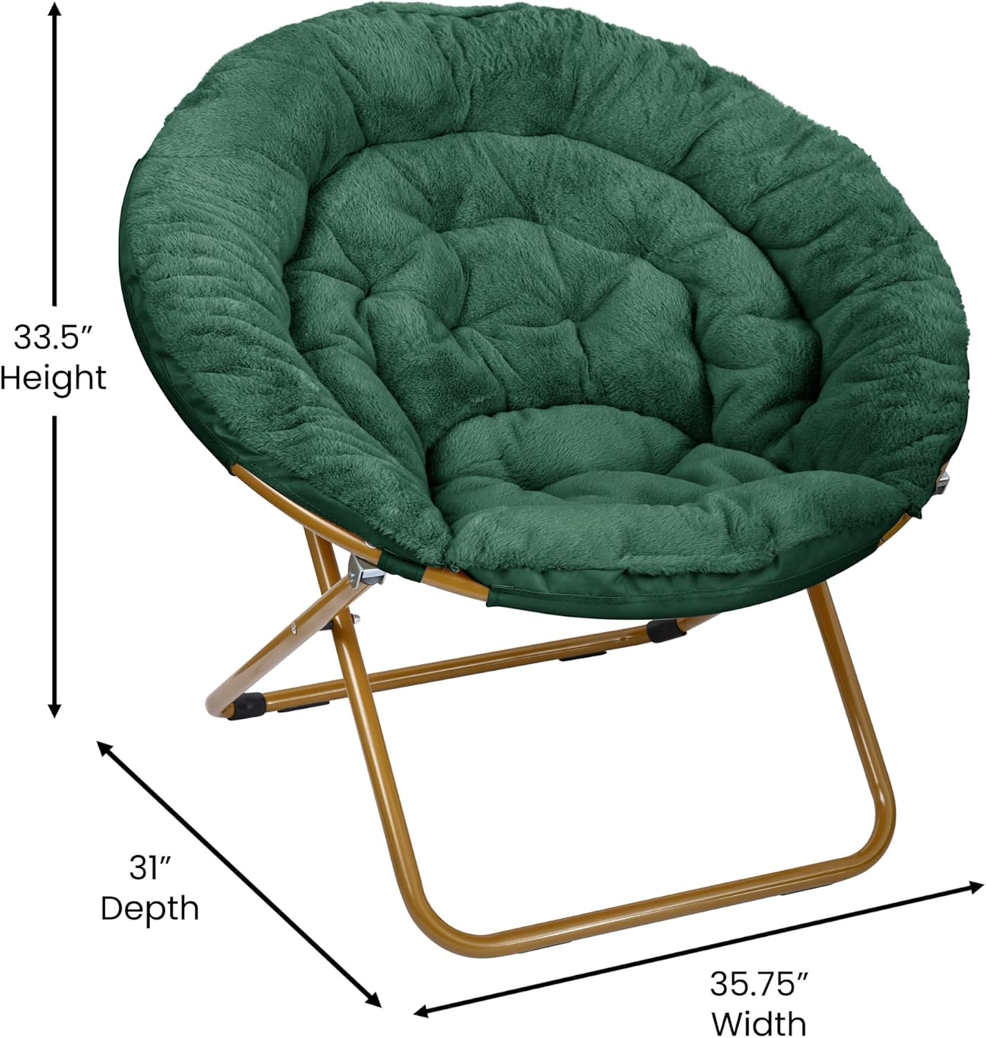 EMMA + OLIVER Ersa Oversize Folding Saucer Chair - Emerald Faux Fur Moon Chair - Soft Gold Metal Frame - 38" Portable Folding Chair - for Dorm and Bedroom