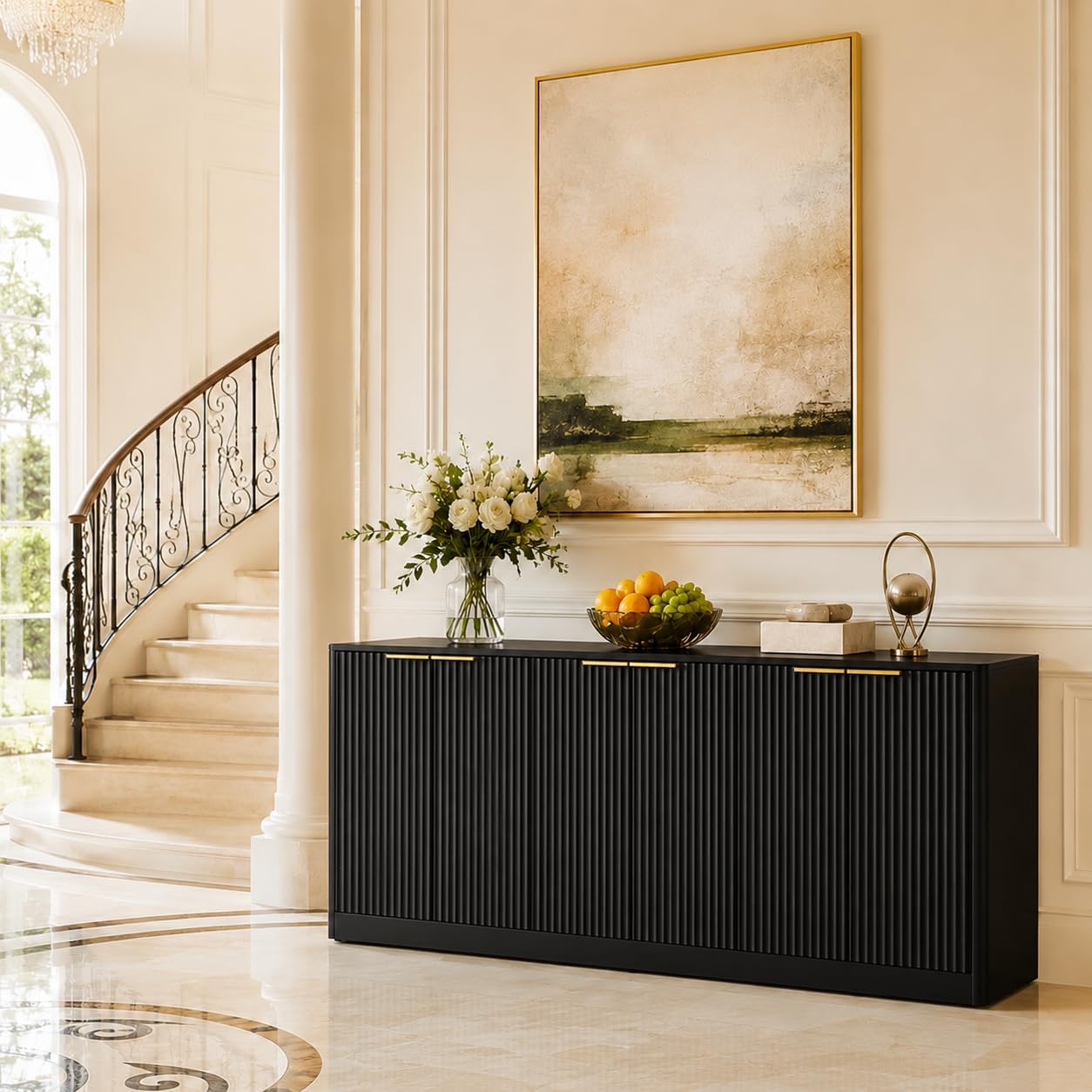 Fluted Sideboard Buffet Cabinet, 67" Credenza Storage Cabinet with 6 Doors,Media Console Table for Living Room Kitchen Entryway,Anti-Tip (Black)