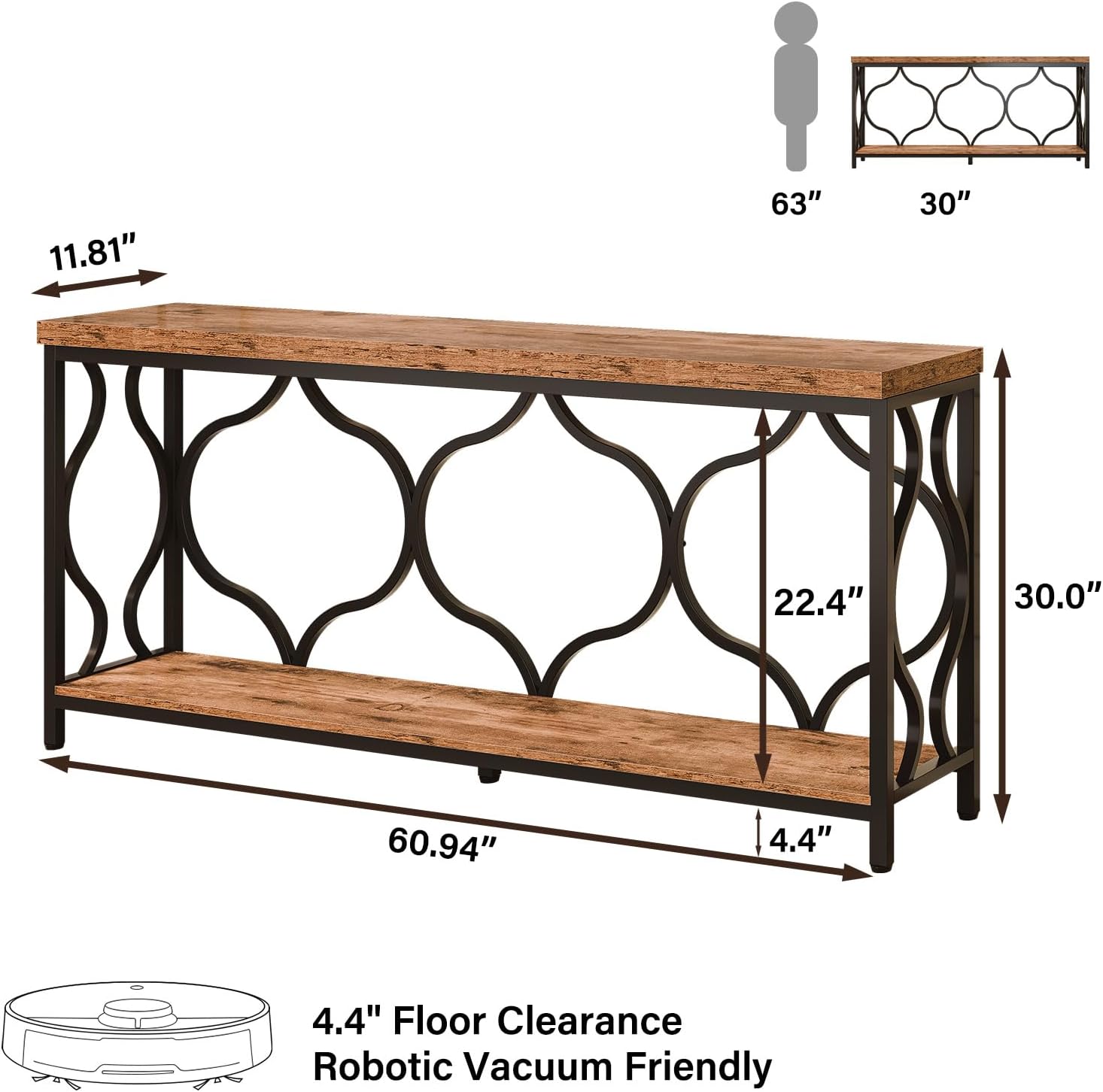 IBF 63 Inches Long Farmhouse Entryway Table, Rustic Wood Metal Sofa Console Table with Storage Shelves, Narrow Industrial Behind Couch Entry Hallway Table for Home Living Room, Rustic Brown Oak