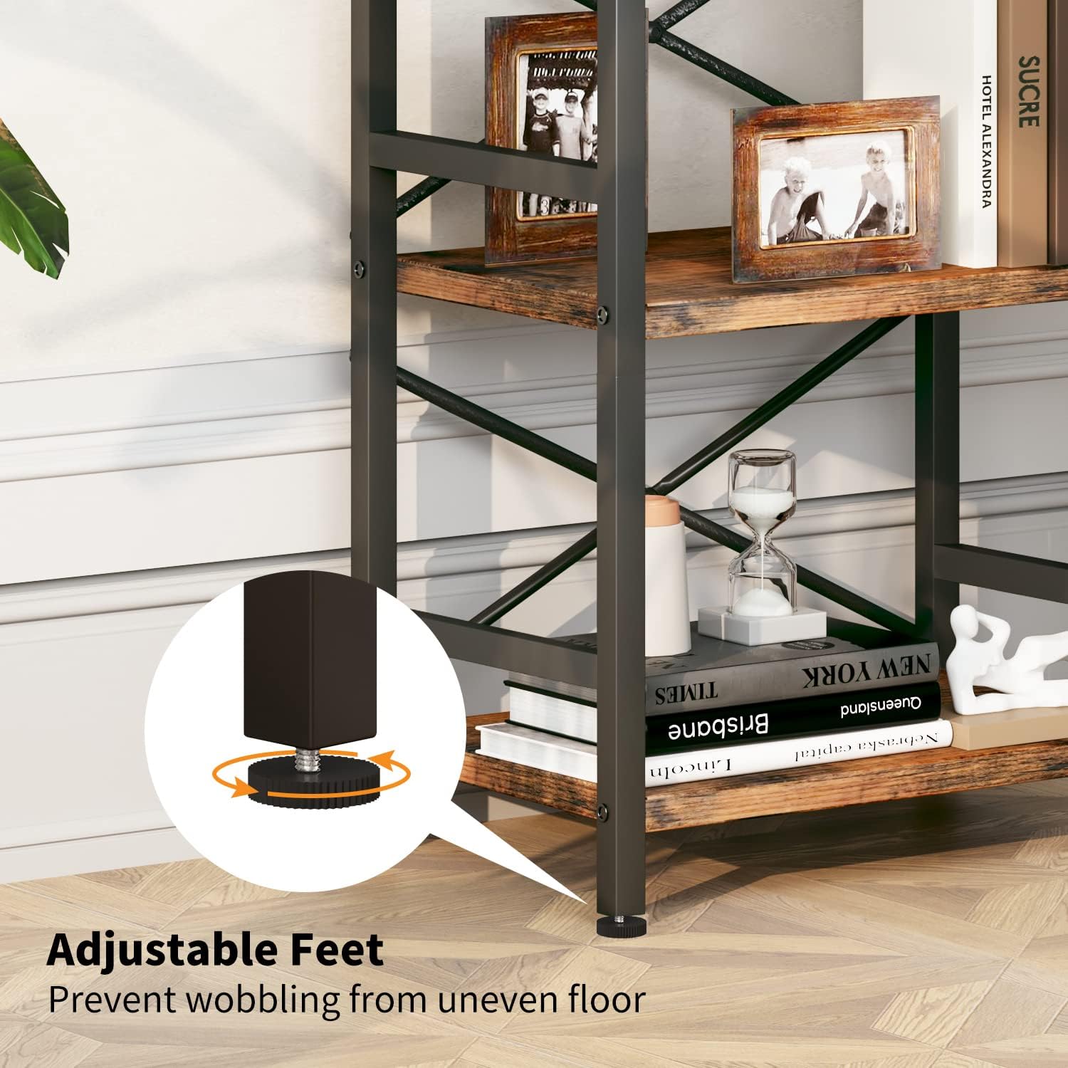 Homeiju Bookshelf, 3 Tier Industrial Bookcase, Metal Small Bookcase, Rustic Etagere Book Shelf Storage Organizer for Living Room, Bedroom, and Home Office(Rustic Brown) Patent Pending D29873033