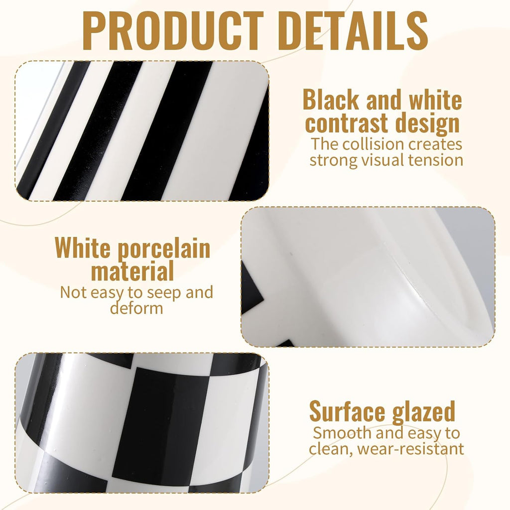 2 Pcs Black and White Ceramic Vase, Mid Century Modern Striped & Checkered Vases for Flower & Pampas Grass Centerpiece, Minimalist Decorative Vase for Dining Table Kitchen Tabletop