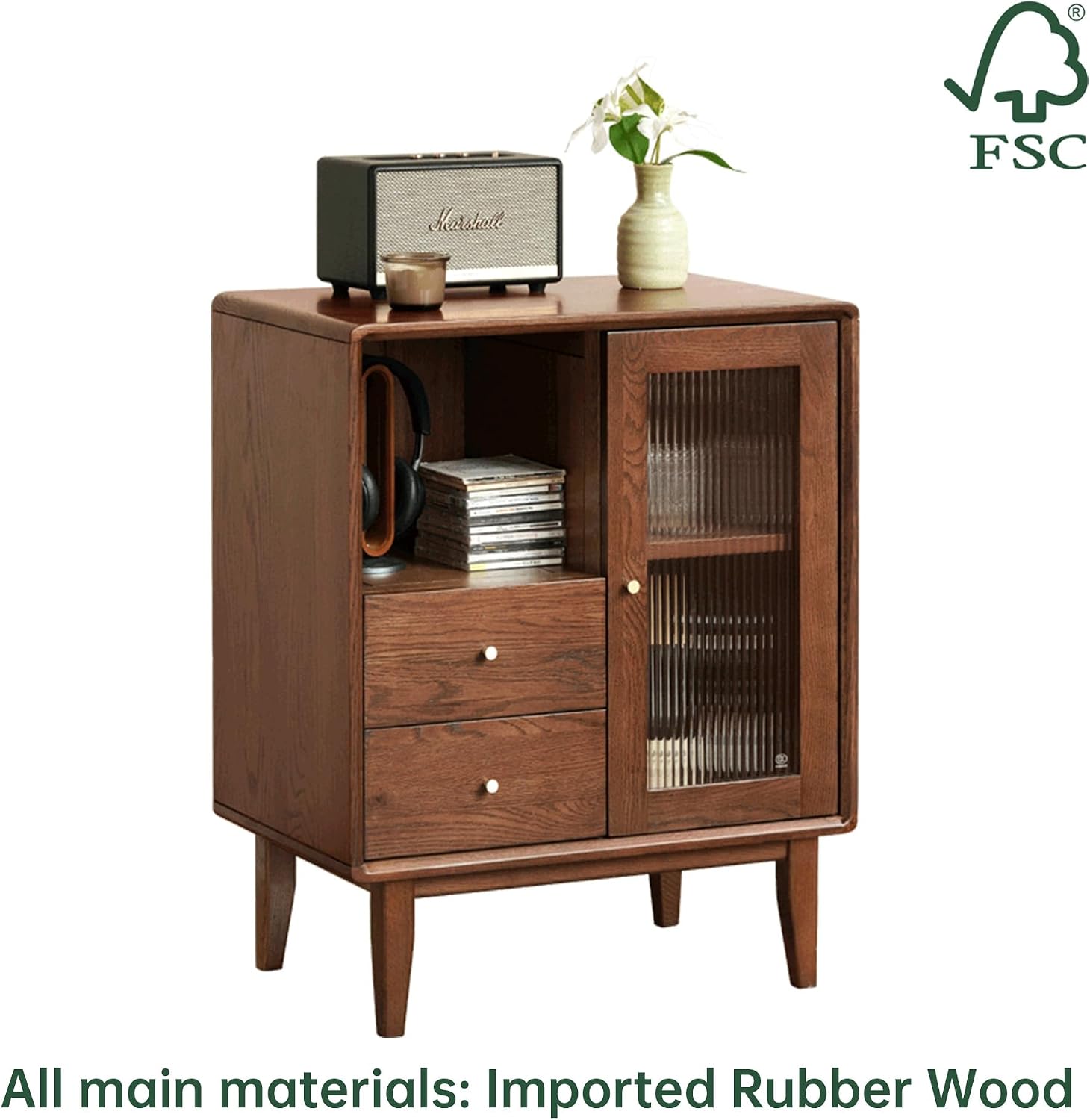 Mid-Century Modern Solid Wood Accent Cabinet 25.6" W x 15.7" D x 31.5" H – Buffet Sideboard with Glass Door & 2 Drawers, Easy Assembly, Walnut/Natural